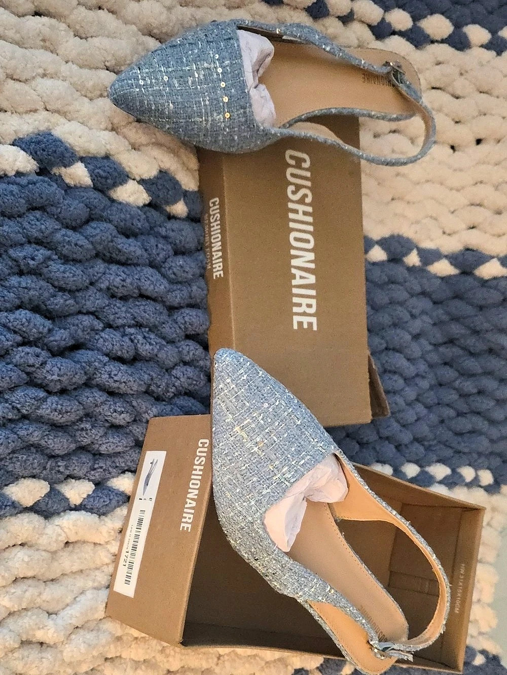 Cushionaire Buzz Tweed Kitten Heel Blue Slingback Heels